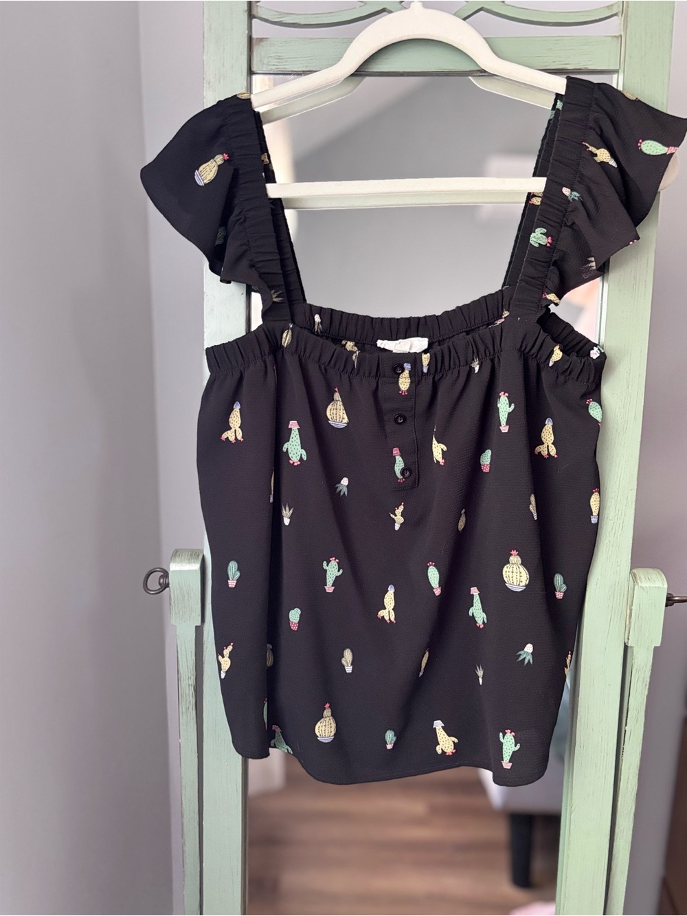 mine Black Cactus Print Ruffle Strap Blouse - Size Small (2 ways to wear)